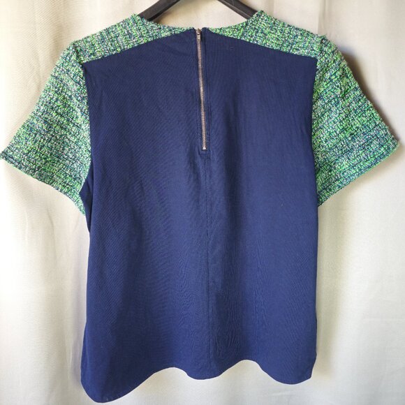 J Crew Navy Blue Shirt With Green White and Blue Woven Tweet Short Sleeves   XL - Picture 3 of 5